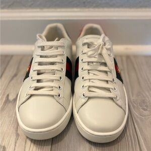 White Gucci Ace Bee Sneakers with Red and Green Stripes